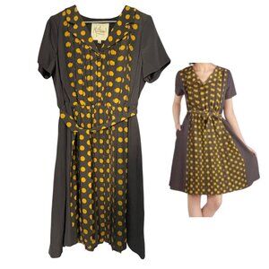 Myrtlewood ModCloth retro dress gray/brown and yellow dot L